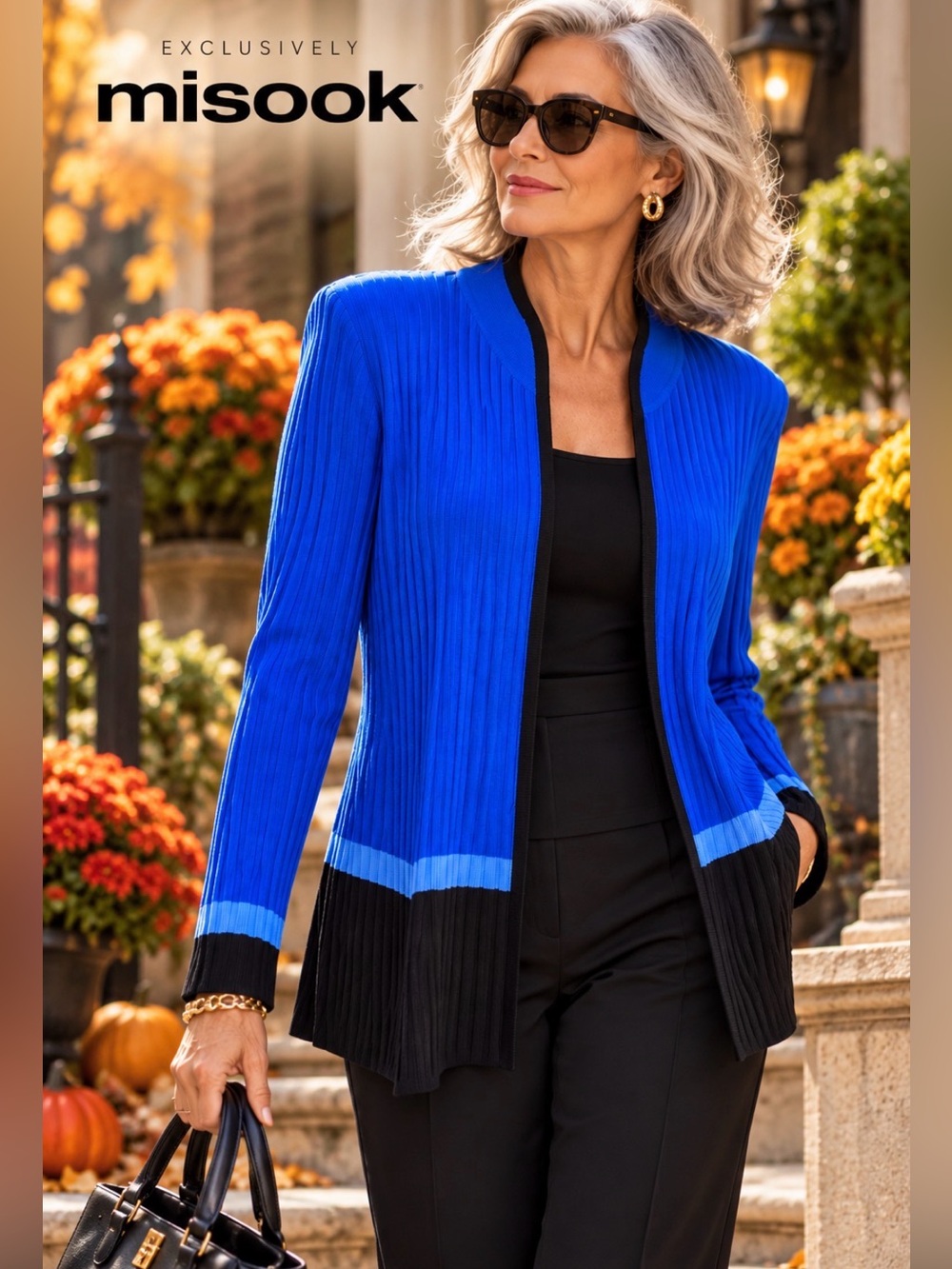 Misook Blue Black Colorblock Ribbed Open Cardigan Size M
